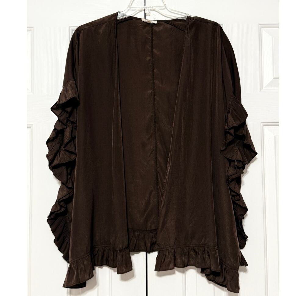 Easel Los Angeles Oversized Ruffled Kimono Cardigan, Chocolate Brown, Size L